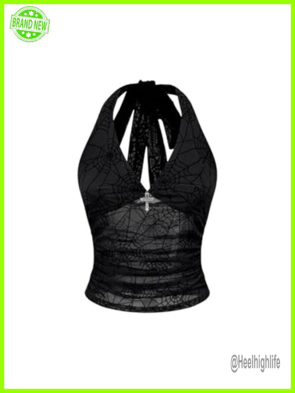 Mesh Sheer Halter Top Spiderweb Print Goth Emo Rave Y2K Sleeveless